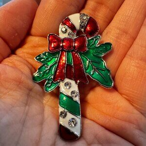 Candy Cane Christmas Brooch with Holly and Bow, Enamel Holiday Pin, Rhinestones